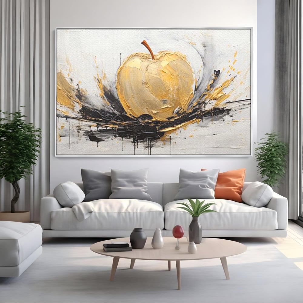 Tablou canvas cu pictura abstracta cu un mar auriu, in rama de aluminiu argintiu, pe perete intr-un living